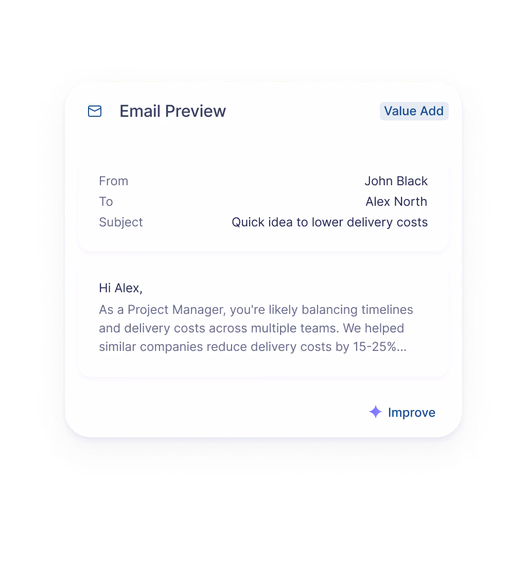 Email preview showing a message from John Black to Alex North with the subject 'Quick idea to lower delivery costs.' The email body starts with a greeting to Alex and mentions balancing timelines and delivery costs across teams, noting that similar companies reduced delivery costs by 15-25%.