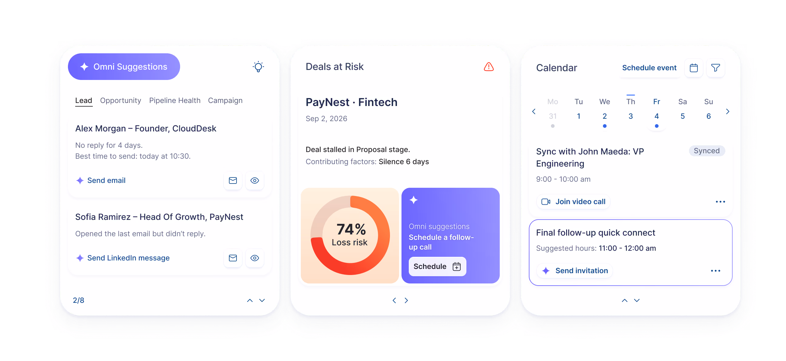 Three mobile app screens showing sales and calendar features: the first screen lists leads with options to send email or LinkedIn messages; the second screen shows a deal at risk with 74% loss risk and a prompt to schedule a follow-up call; the third screen is a calendar for early September with scheduled events including a video call and a follow-up connect invitation.