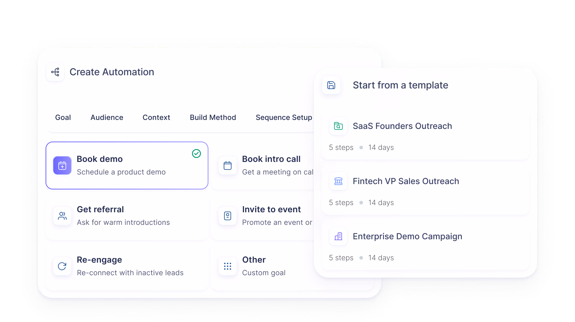 User interface for creating automation with tabs for Goal, Audience, Context, Build Method, and Sequence Setup. The Goal tab shows options like Book demo, Book intro call, Get referral, Invite to event, Re-engage, and Other, with Book demo selected. A pop-up on the right offers templates for SaaS Founders Outreach, Fintech VP Sales Outreach, and Enterprise Demo Campaign, each with 5 steps over 14 days.