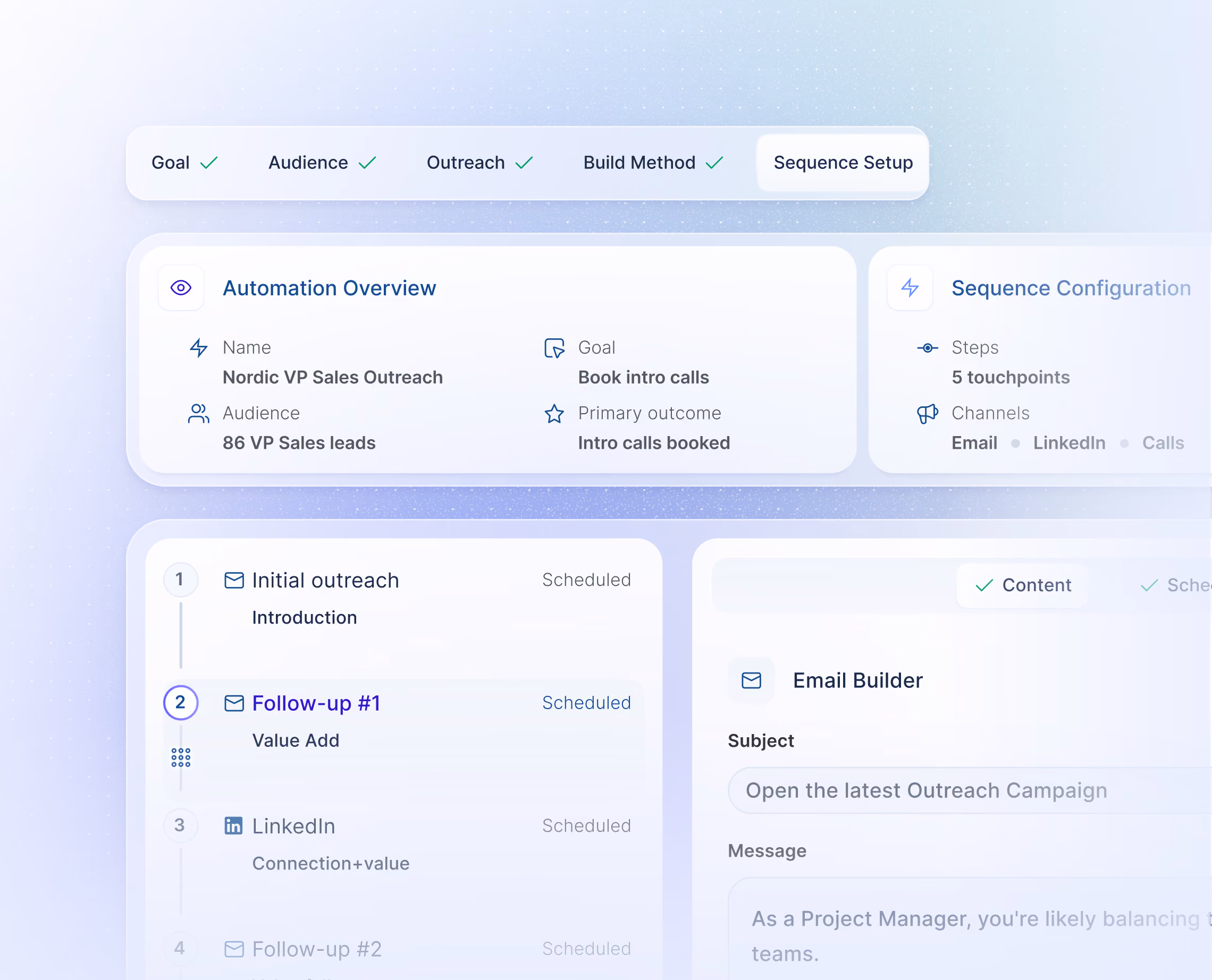 User interface of an email outreach campaign setup showing navigation steps Goal, Audience, Outreach, Build Method, and Sequence Setup, with details of an Automation Overview including campaign name Nordic VP Sales Outreach, goal to book intro calls, audience of 86 VP Sales leads, primary outcome intro calls booked, and sequence configuration showing 5 touchpoints via Email, LinkedIn, and Calls. The interface lists steps: Initial outreach with introduction, Follow-up #1 as value add, LinkedIn connection plus value, and Follow-up #2, all scheduled, alongside an Email Builder panel with a subject input and message drafting area.