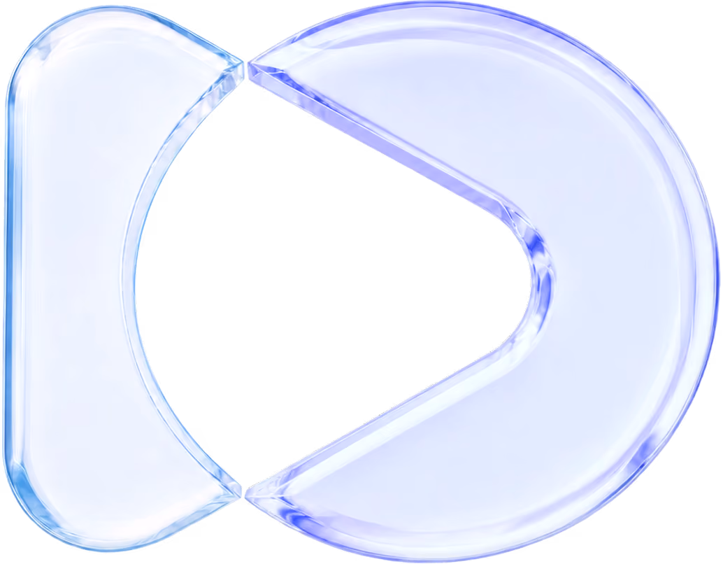 Transparent 3D play button icon with glossy blue and purple edges on a white background.
