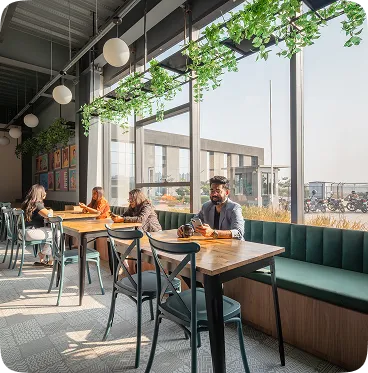 People sitting at tables in a bright cafe with large windows and hanging plants.