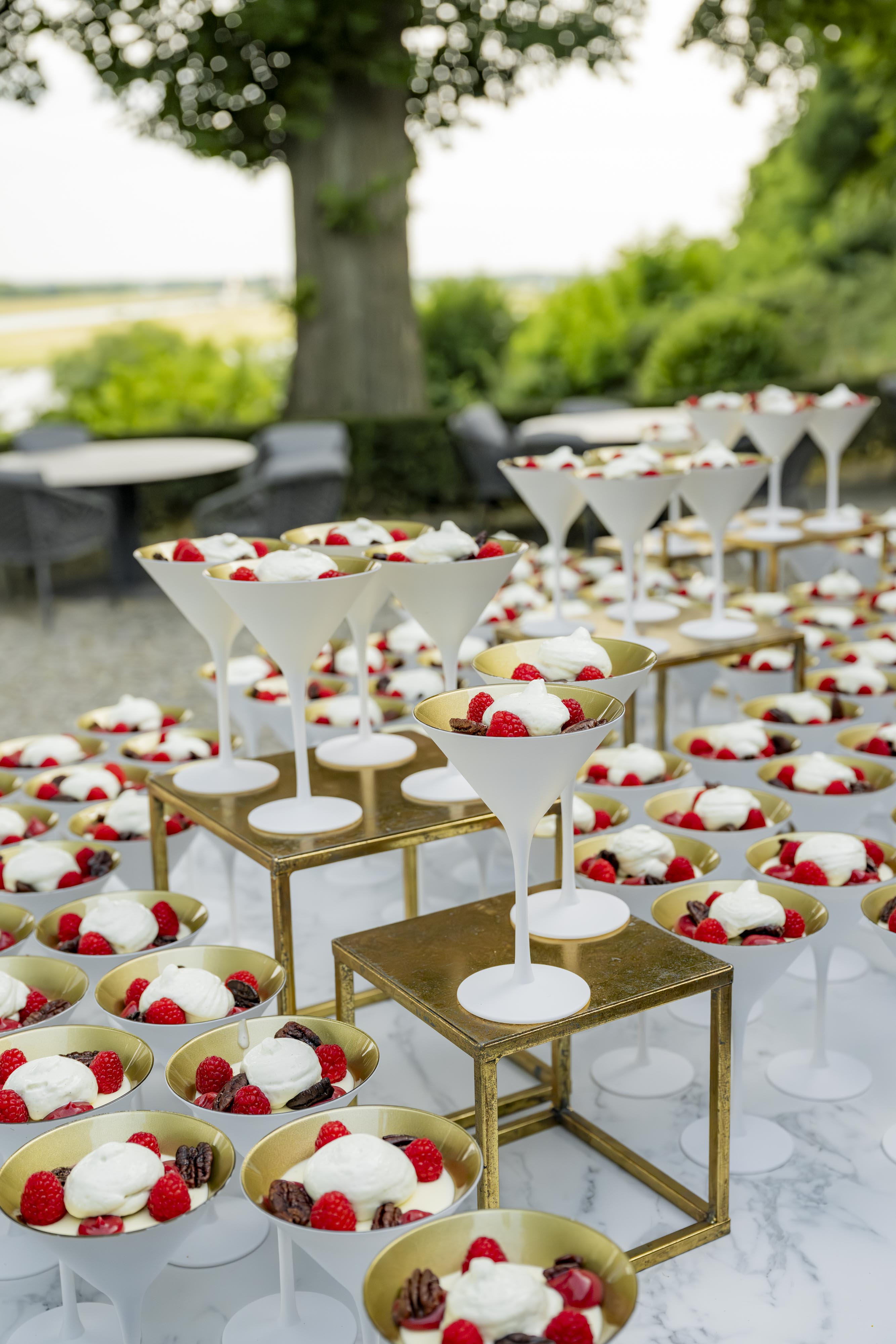 Dessertbuffet met rood fruit in coupes op het terras