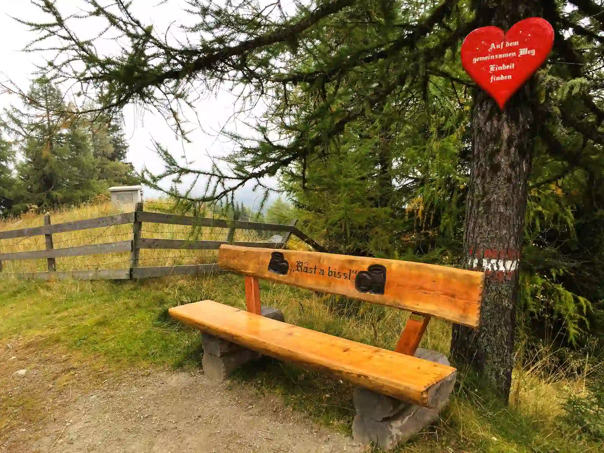 Holzbank am Wanderweg mit Herz-Wegweiser