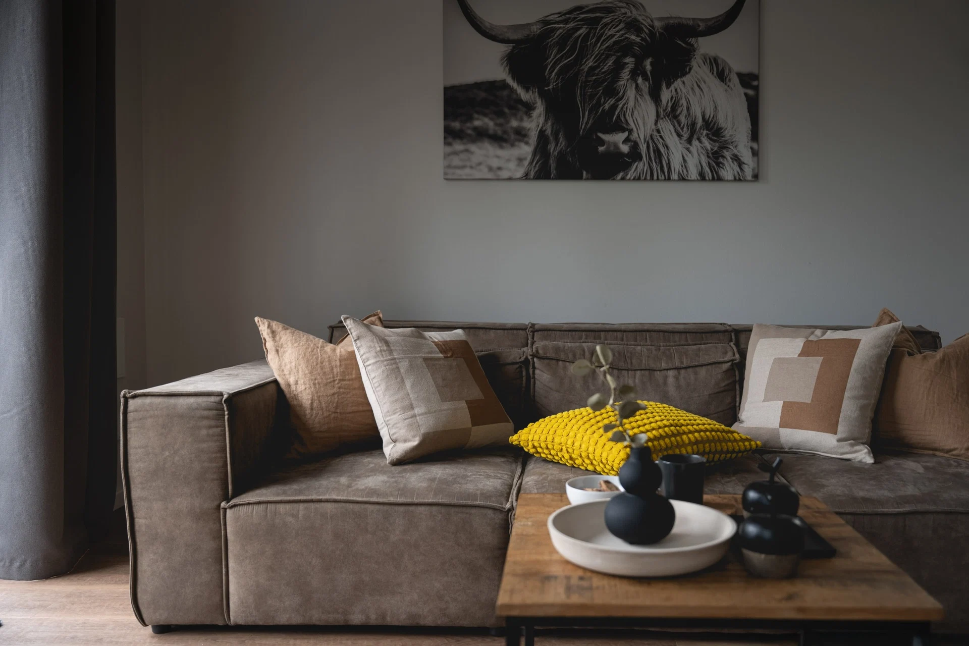 Sofa mit Kissen und Kuh-Wandbild