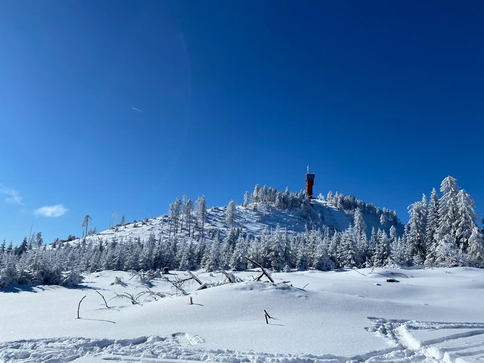 Verschneite Winterlandschaft im Harz mit Aussichtsturm