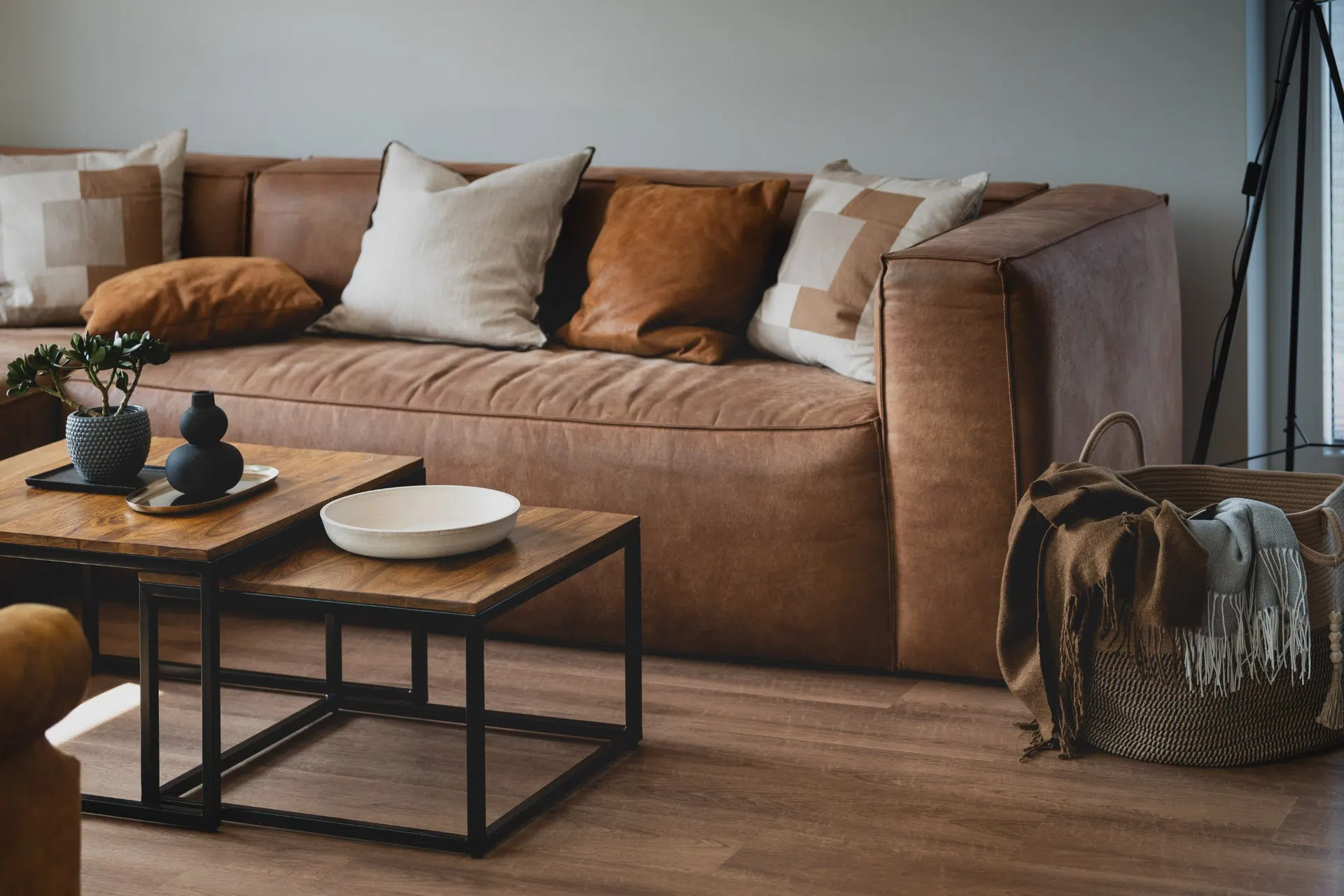 Ledersofa mit Kissen und zwei Couchtischen