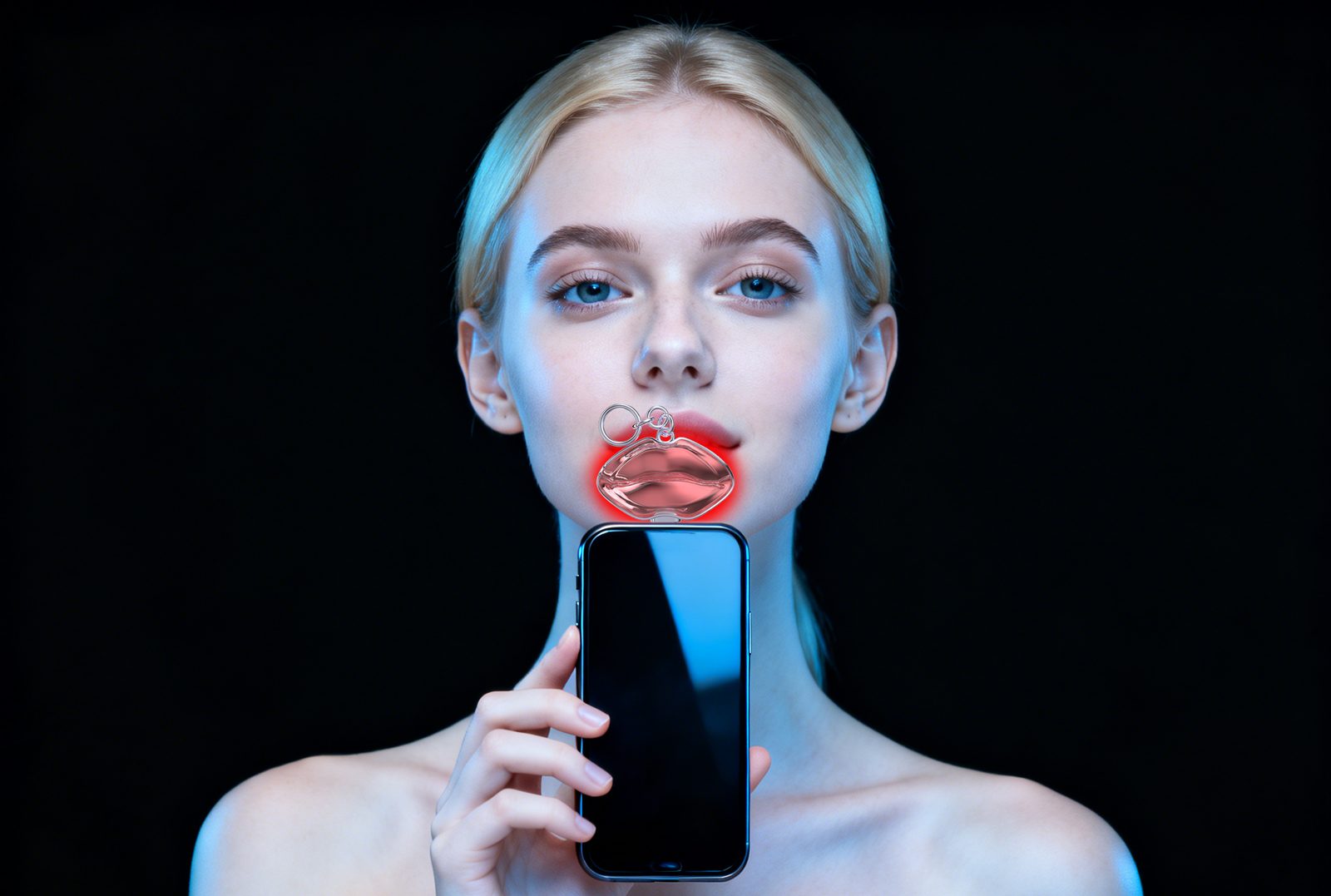 A model wearing the Lumi Lip light-therapy charm against a black background