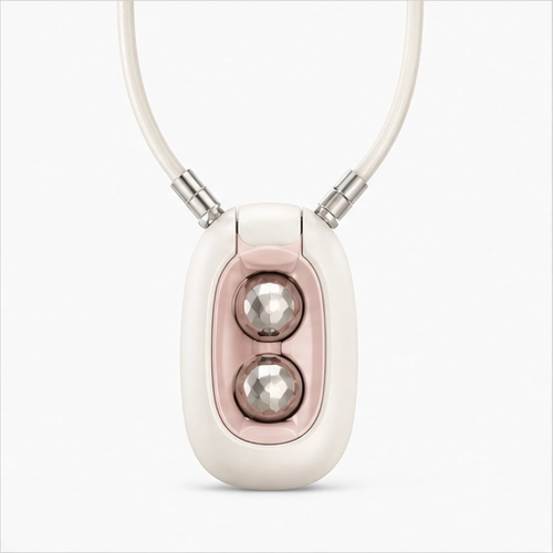 The rollerball massage necklace worn closed, pendant hanging on the chain