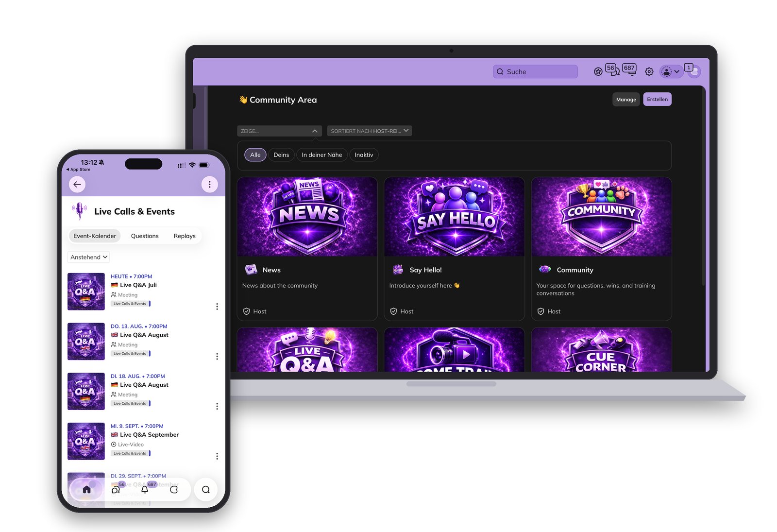 Die Agility Campus Community am Laptop und in der App: Kursbereich, Live-Calls und Beiträge