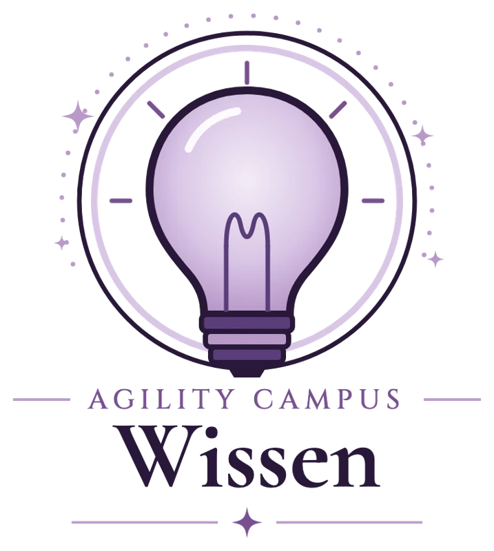 Grafik: Glühbirne mit Kompassstern, Tunnel und Sprung, darunter Agility Campus Wissen