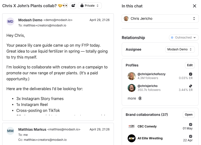 Influencer outreach email view inside Modash, drafting a collaboration message while viewing the creator profile, relationship status, and past brand collaborations in the sidebar.