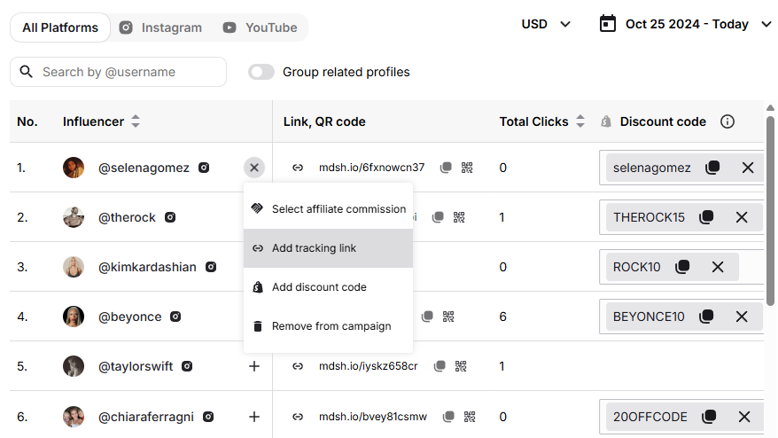 Campaign influencer tracking table, per-influencer rows to manage tracking links/QR codes and discount codes, with actions like adding tracking link/discount code and removing from campaign.