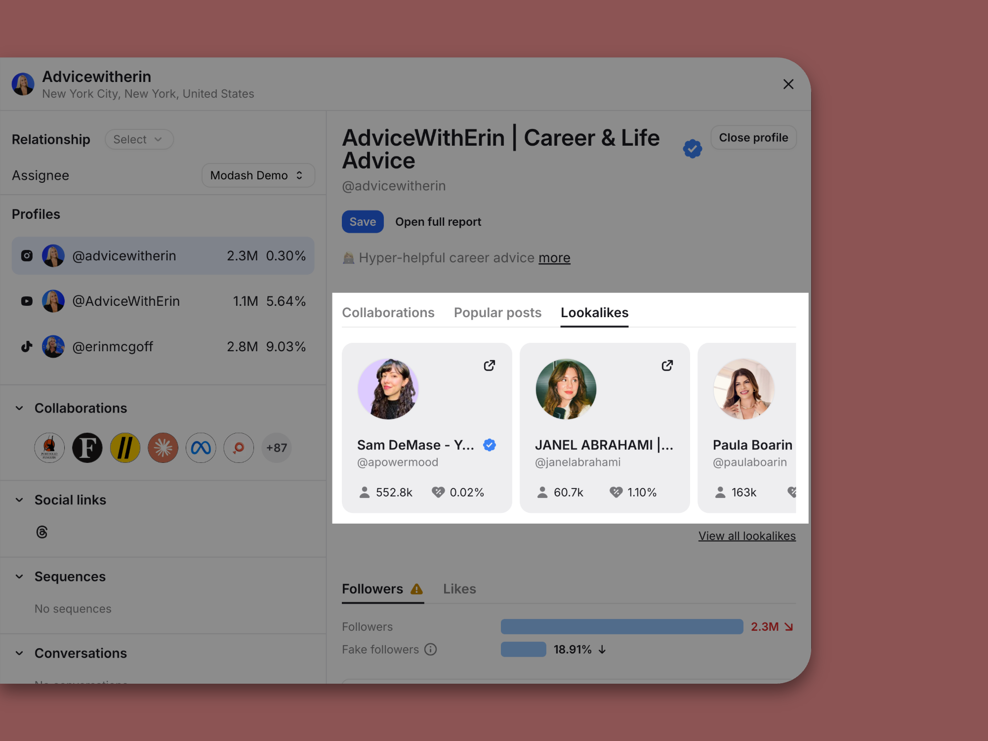 Creator profile panel showing “Lookalikes” recommendations—similar creators with follower count and engagement rate cards, plus quick actions like save/open full report.