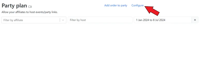 GoAffPro admin panel Party Plans page with the Configure link highlighted for setting party commissions and host rewards