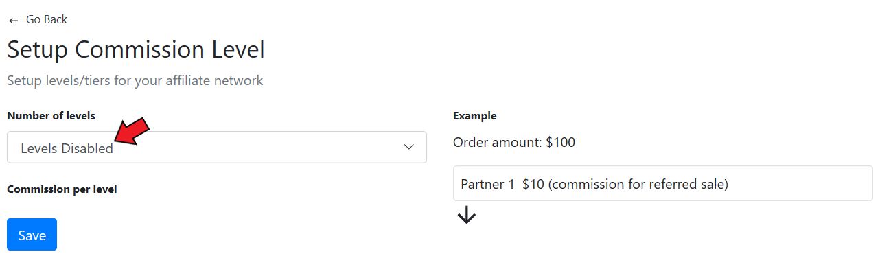 GoAffPro Multi Level Marketing settings page showing the Levels and Commissions section for choosing the number of levels and setting per-level commission rates