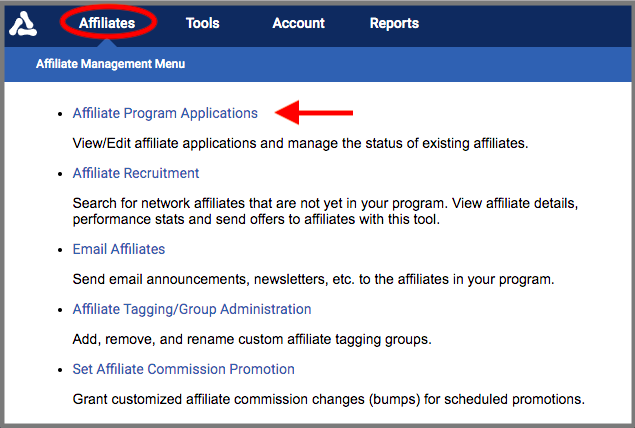 AvantLink Affiliate Program Applications screen listing pending applicants with status, rating, rank, and traffic columns