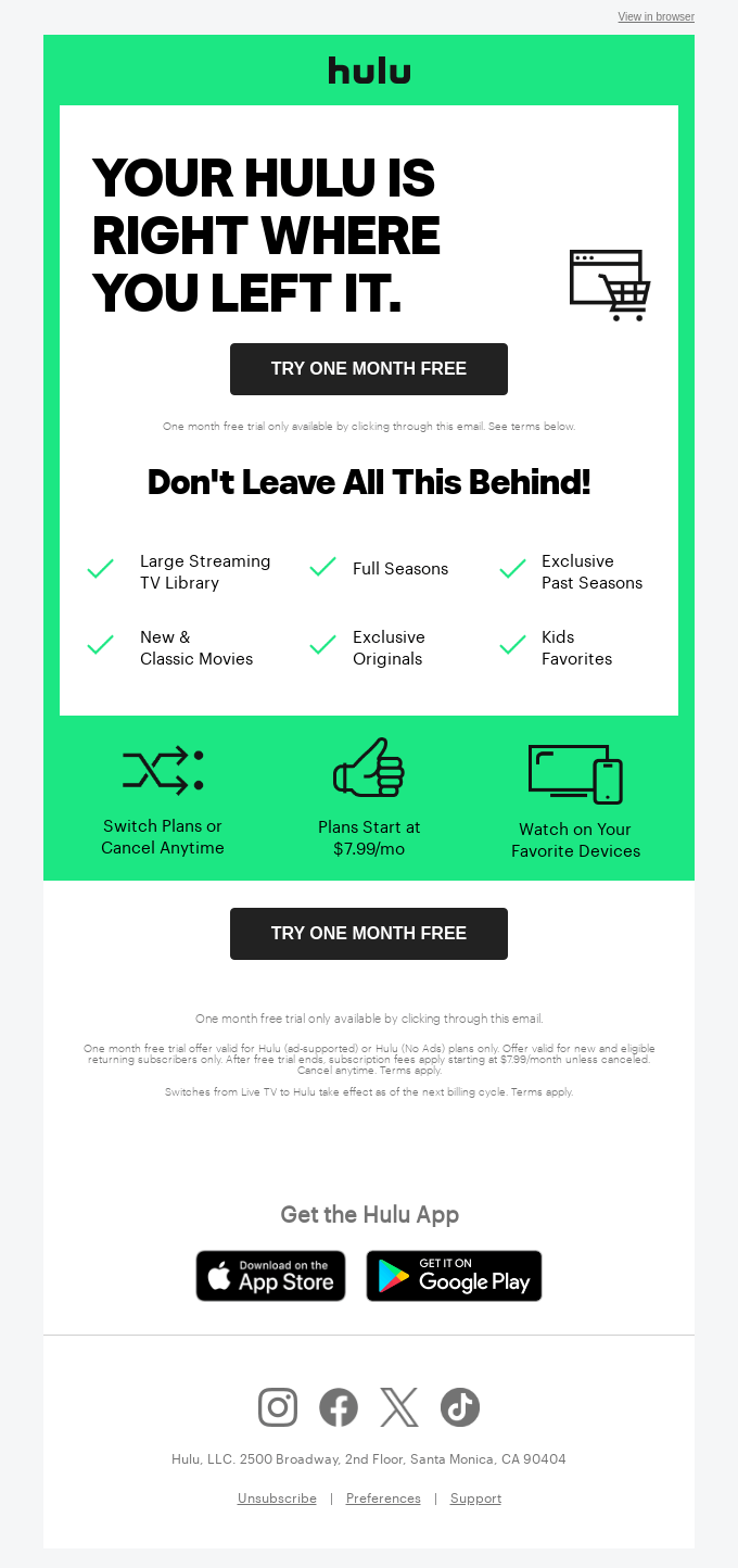 Hulu's abandoned cart email example