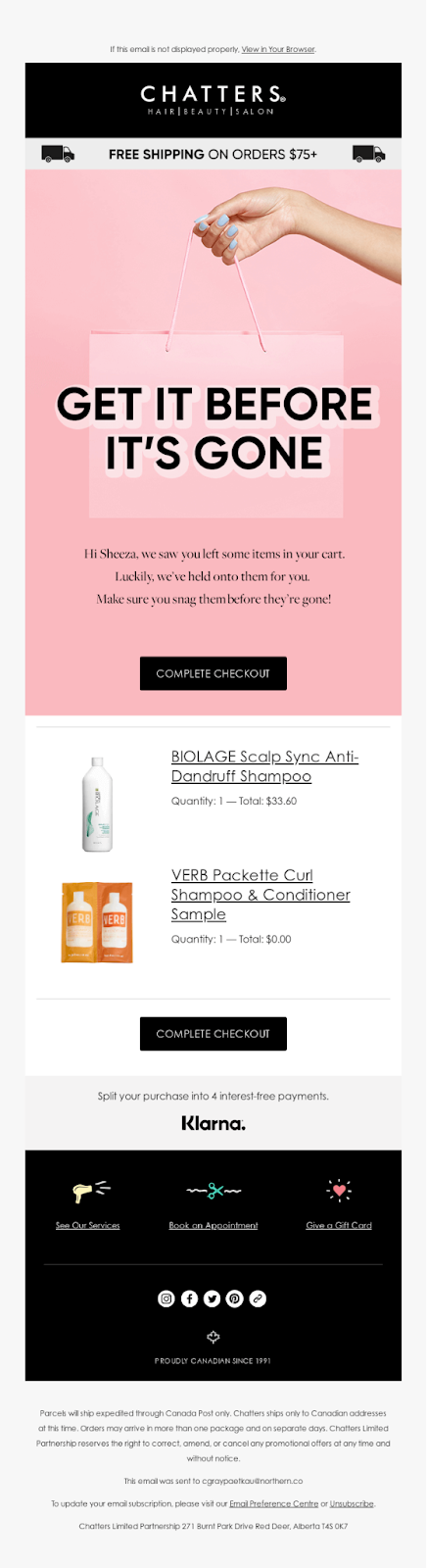 Chatters Salons' abandoned cart email example