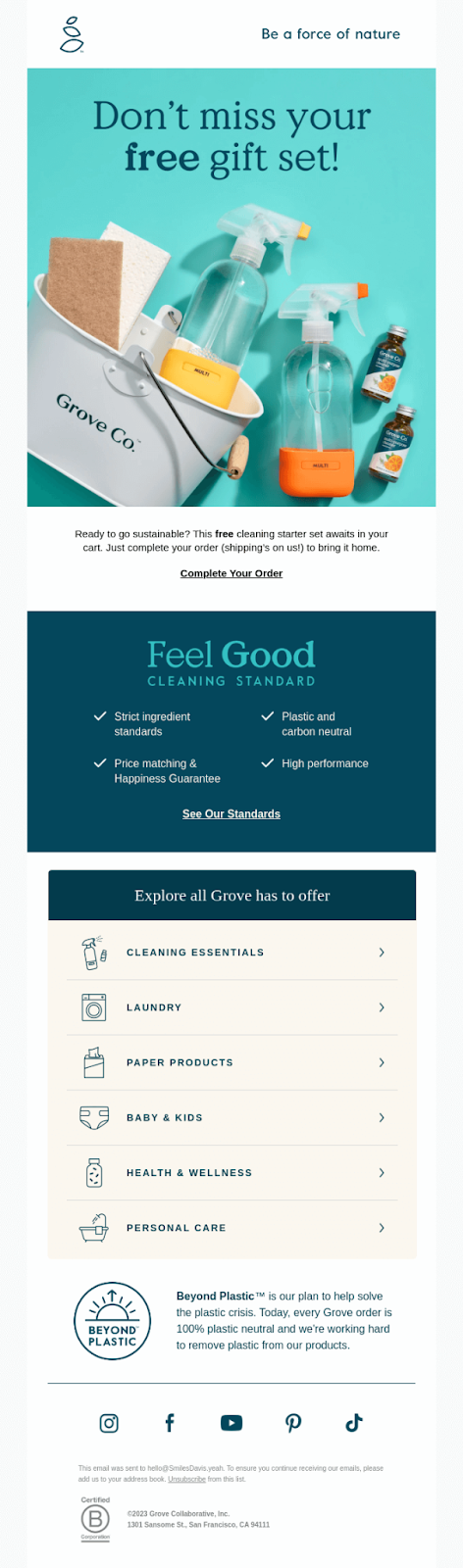 Grove Collaborative's abandoned cart email example