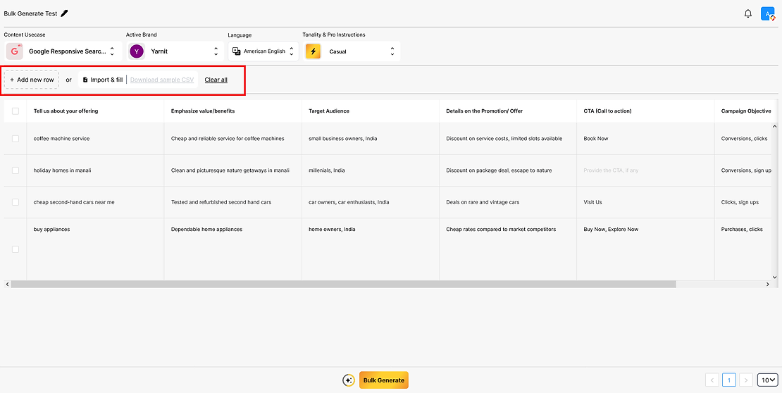 How to add rows in Yarnit bulk ad generator