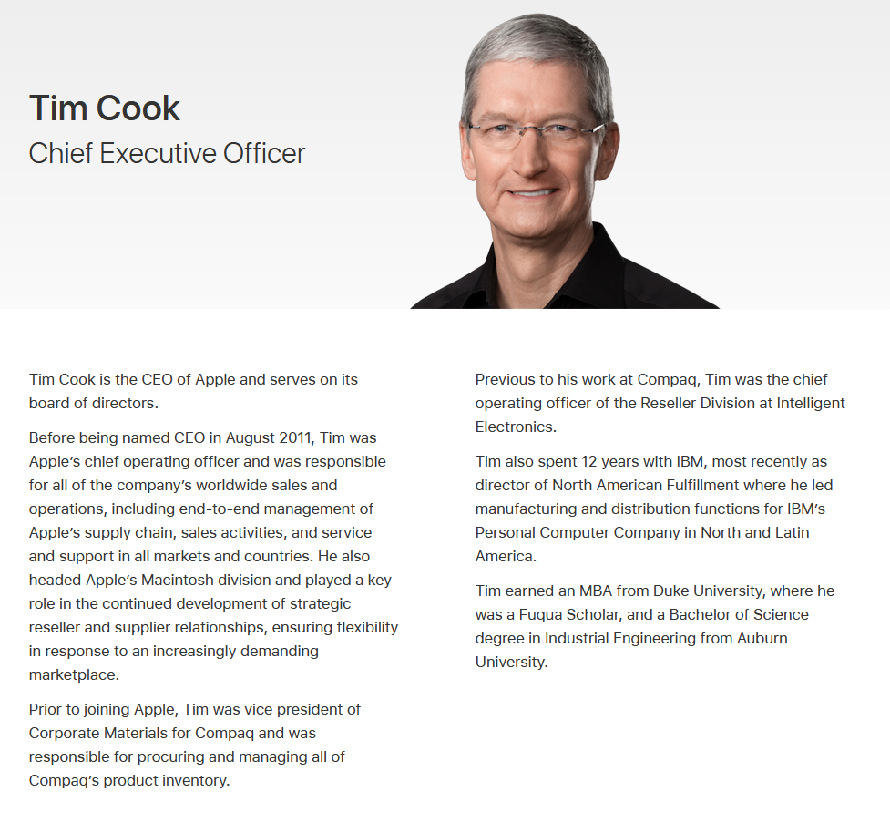 Personal Bio Writing Example :Tim Cook