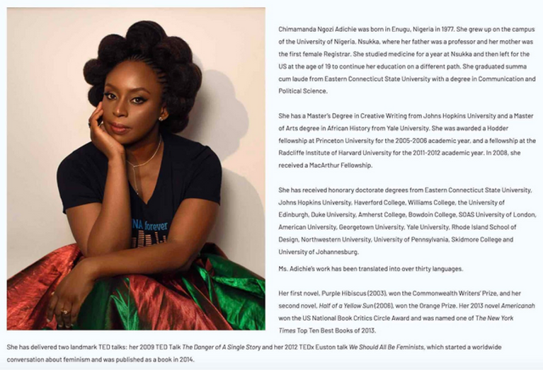 Personal Bio Writing Example :Chimamanda Ngozi