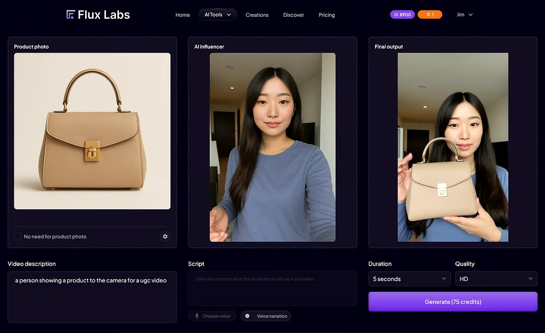 An instance of creating UGC video in fluxlabs.ai