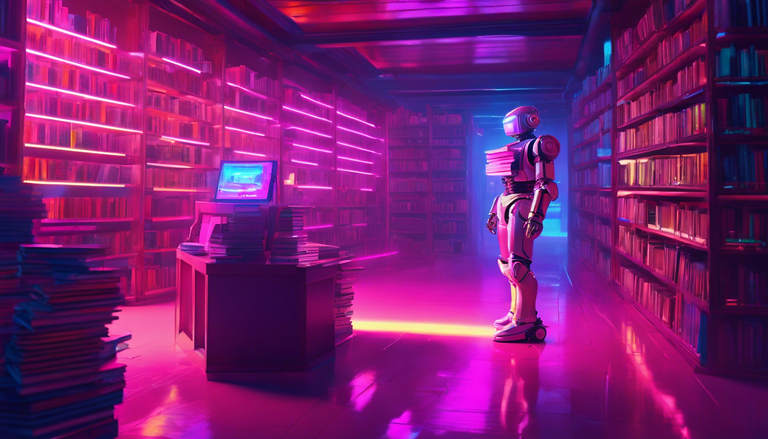 A robot standing in a library-like space