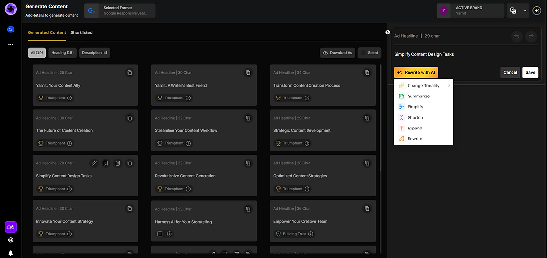 A screenshot of Yarnit's platform showing the process to create ad copies