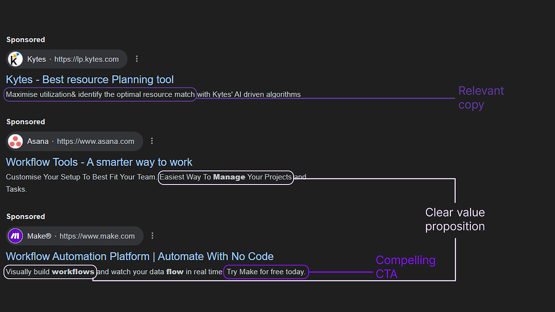 a screenshot showing clear value proposition, CTA, relevant copy