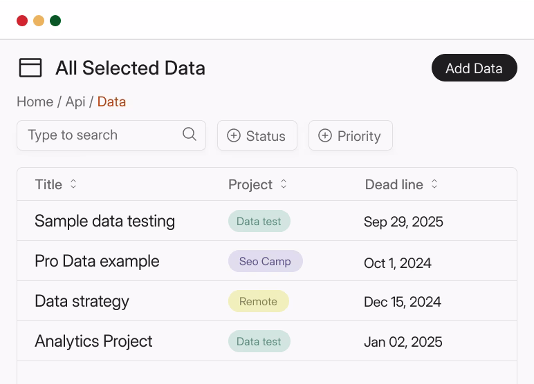 Dashboard interface showing a data table with columns Title, Project, and Deadline, listing sample data testing, pro data example, data strategy, and analytics project with respective tags and due dates.