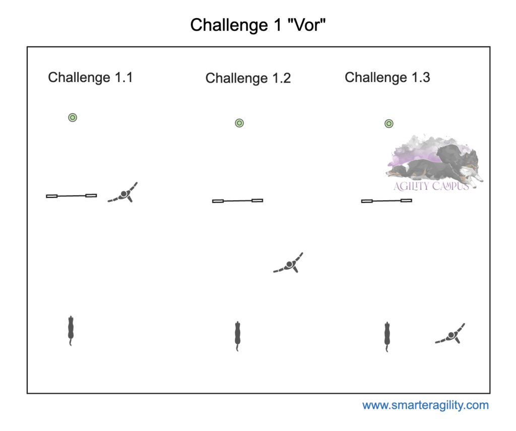 Skizze Challenge 1: Vor (drei Handlerpositionen an einer Hürde)