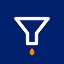 White funnel icon with dots entering the top on a blue square background.
