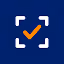 Icon showing four white corner brackets forming a square around an orange check mark on a blue background.