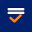 White hamburger menu icon above an orange check mark on a dark blue background.