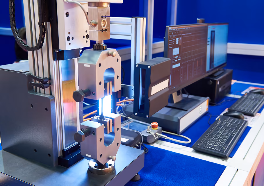 A laboratory tensile testing machine applies force on a sample while two computer monitors display measurement data.