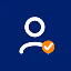 White user icon with an orange checkmark on a dark blue background.