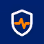 White shield outline containing an orange heart pulse line over a blue circular background.