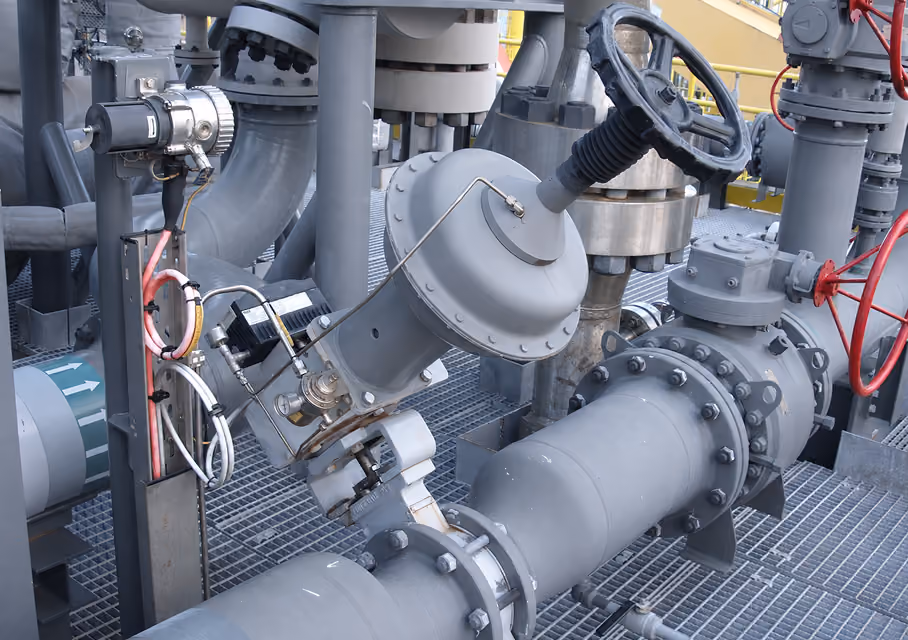 Industrial machinery with large gray valves, pipes, and pressure gauges on a metal grated platform.