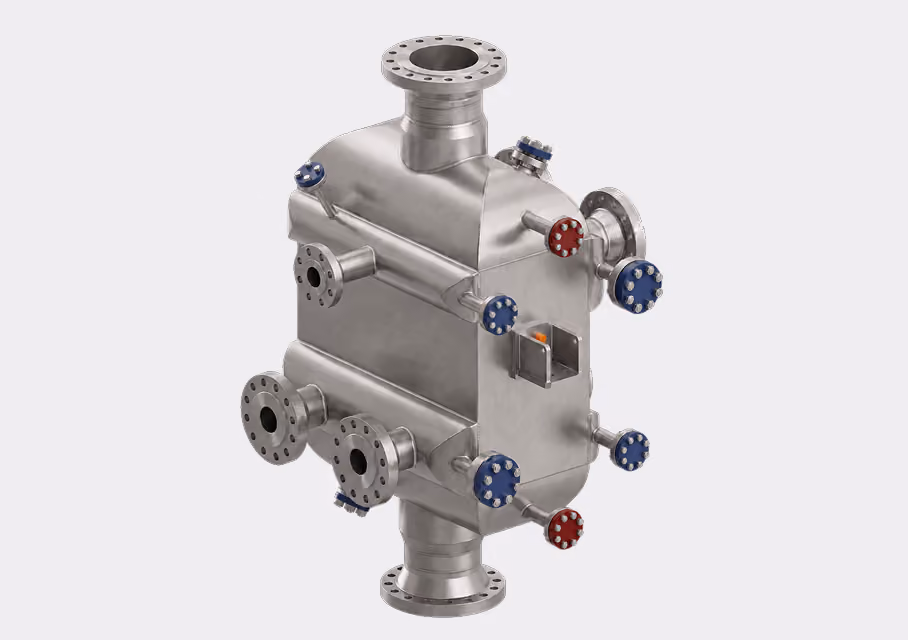 Metal industrial heat exchanger with multiple blue and red capped pipe connections on a light grey background.