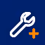 White wrench icon with an orange plus sign on a dark blue square background, representing adding tools or settings.