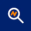 Blue circular icon with an orange and white abstract letter N inside and a small magnifying glass symbol overlapping the top left of the letter.
