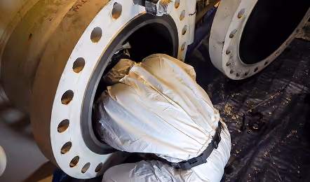 Person in a white protective suit working inside a large metal pipe flange in an industrial setting.