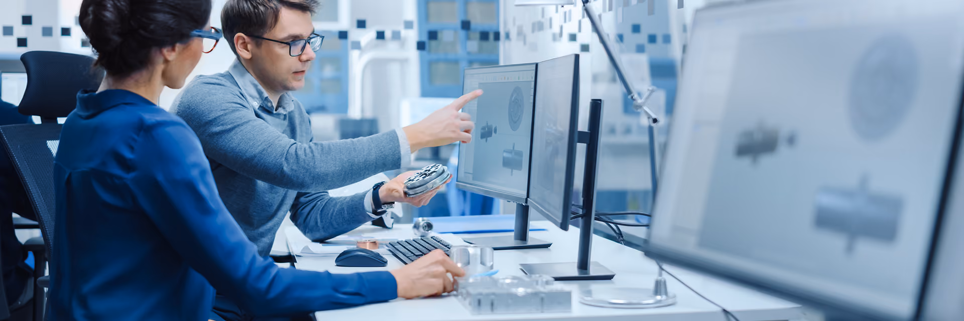 Two engineers collaborating at a desk in an office, one pointing at a computer screen displaying 3D mechanical parts while holding a component.