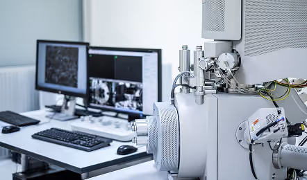 Close-up of a scientific electron microscope with dual monitors displaying magnified images and data, used for detailed material analysis in a laboratory.