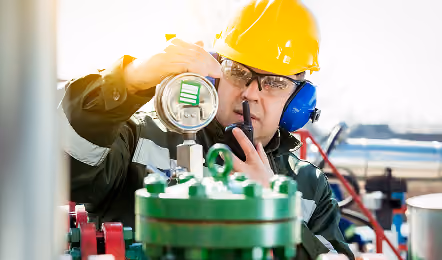 Industrial worker in a yellow hard hat and protective gear inspecting a gauge and speaking into a walkie-talkie at an outdoor facility.