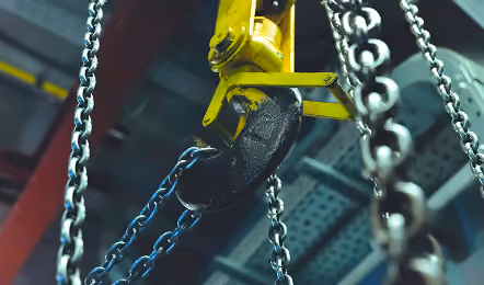 Close-up of a large black industrial crane hook attached to a yellow mechanism, surrounded by silver metal chains in a factory setting.