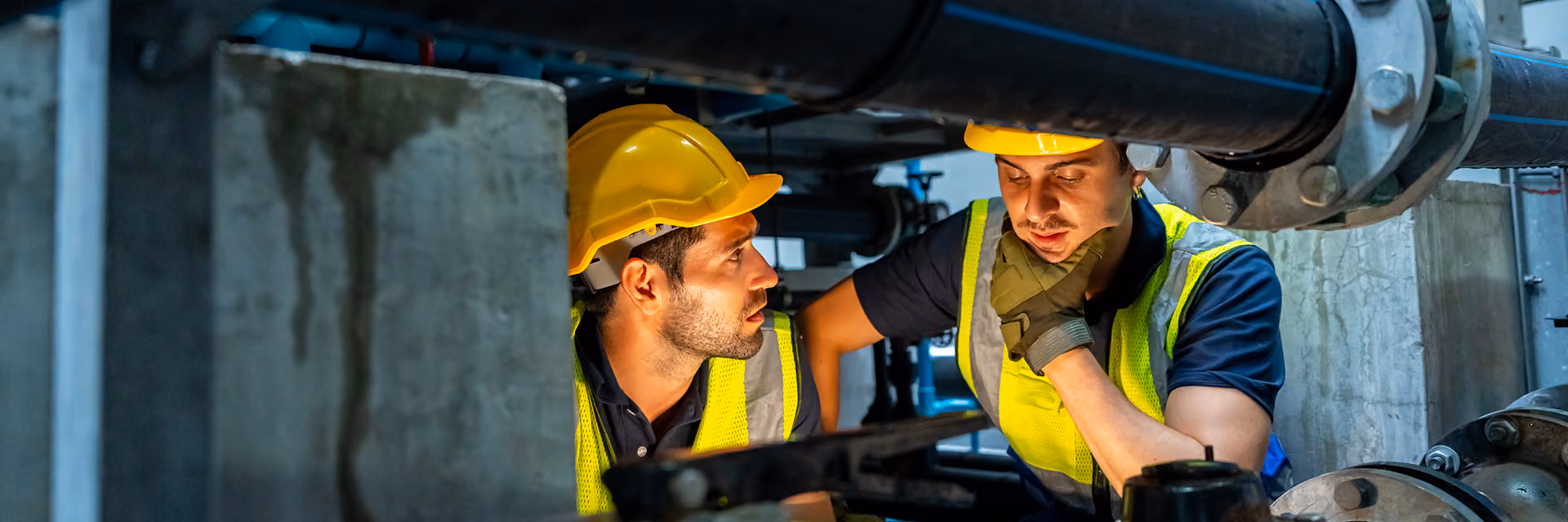 Two construction workers wearing yellow hard hats and high-visibility vests inspecting equipment and discussing over a laptop under large industrial pipes in a mechanical room.