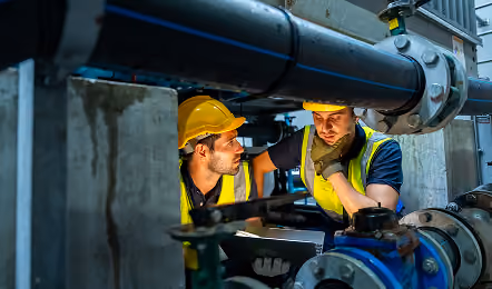 Two construction workers wearing yellow hard hats and high-visibility vests inspecting equipment and discussing over a laptop under large industrial pipes in a mechanical room.